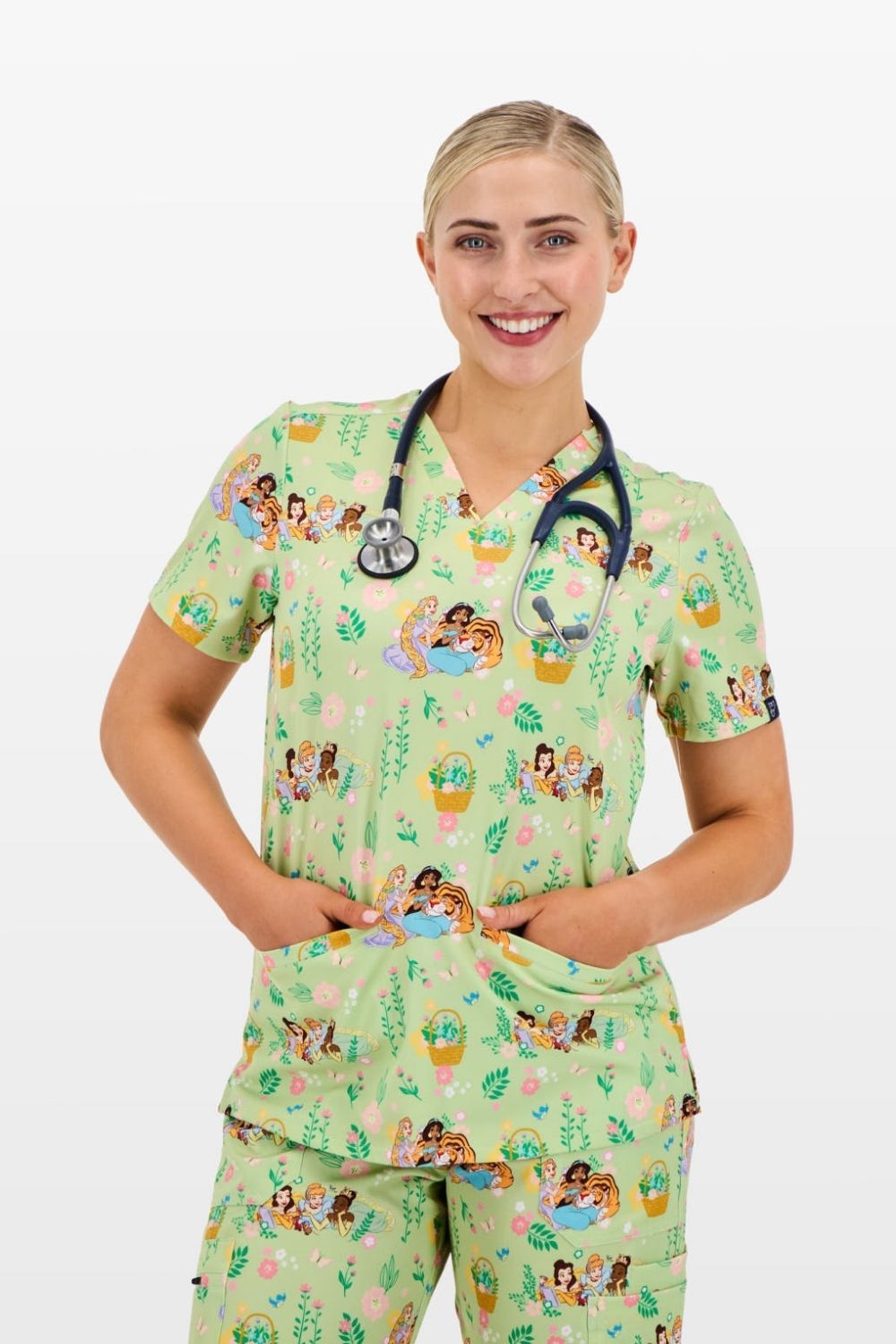 Disney Princess Women’s 3-Pocket Scrub Top, Garden Party