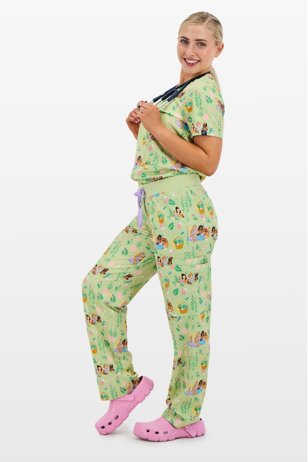 Disney Princess Women’s Cargo Scrub Pants, Garden Party