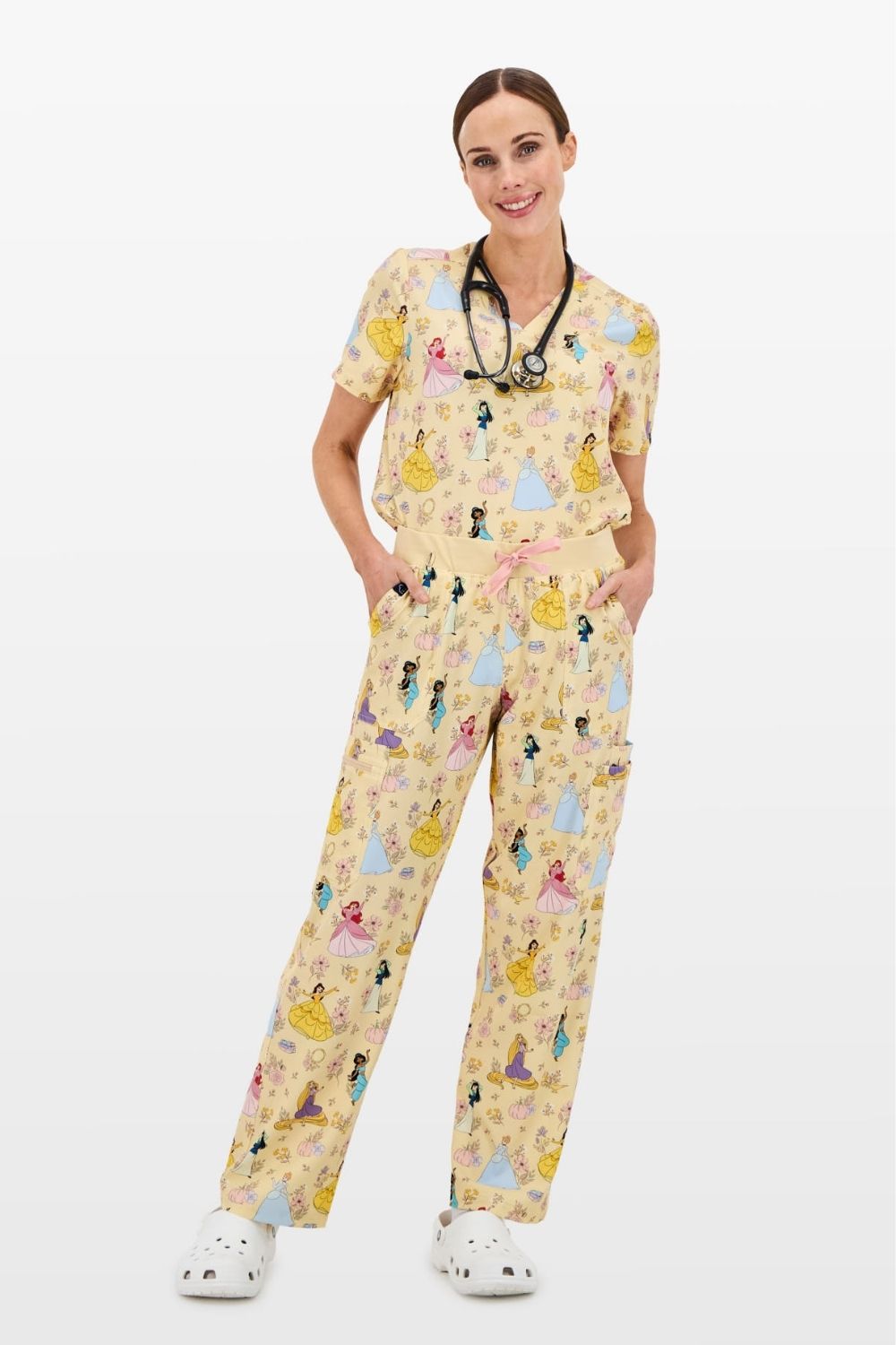 Disney Princess Women’s Cargo Scrub Pants, Golden Meadow