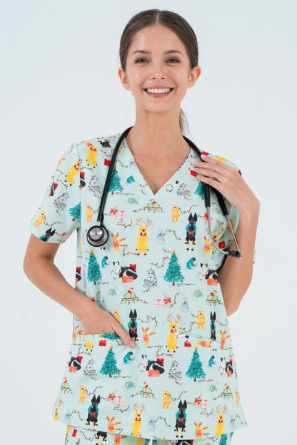 Christmas Tails Women’s 3-Pocket Scrub Top