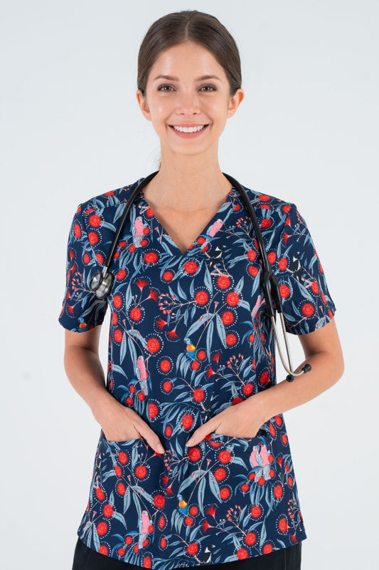 Red Flowering Gum Women’s 3-Pocket Scrub Top