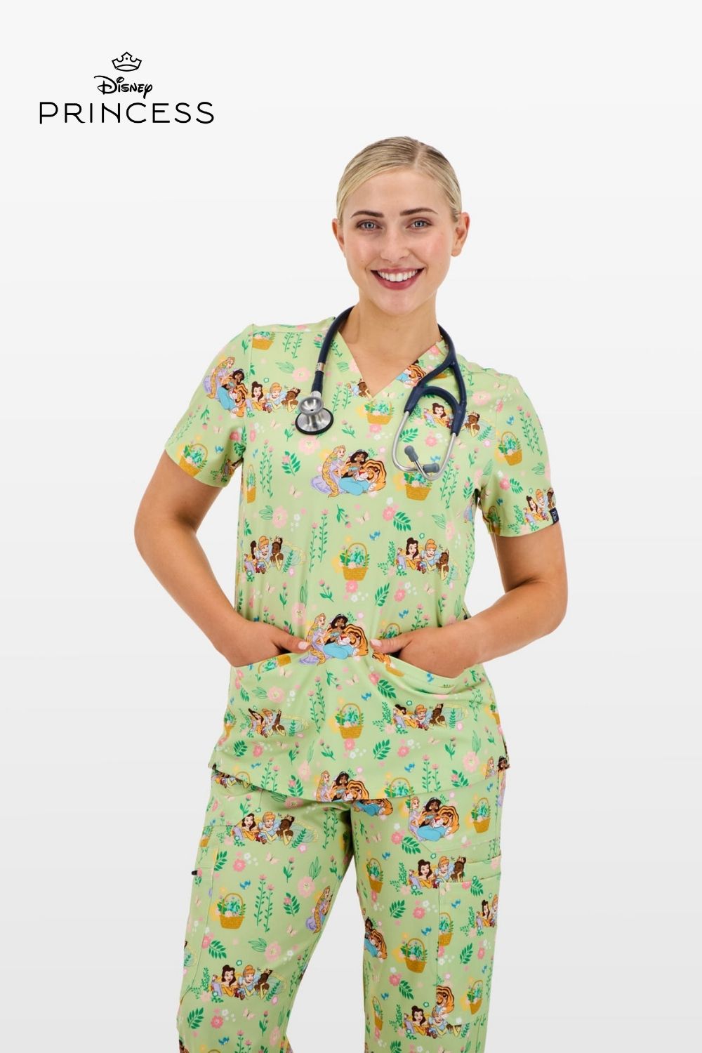 Disney Princess Women’s 3-Pocket Scrub Top, Garden Party