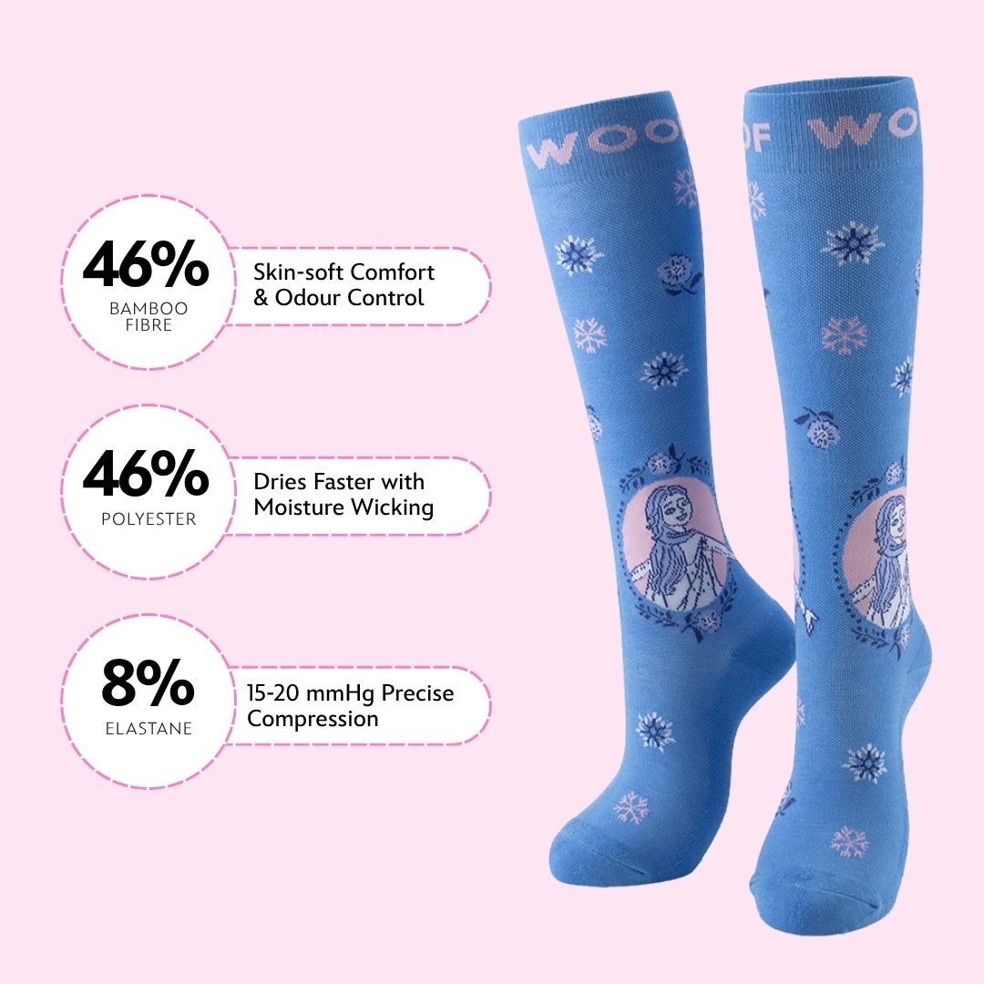 Infographic showing material percentages beside cornflower blue Disney Frozen knee-high compression socks.