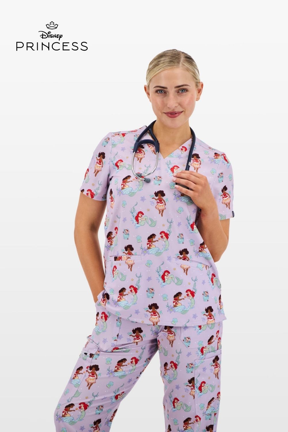 Disney Princess Women’s 3-Pocket Scrub Top, Ocean of Dreams