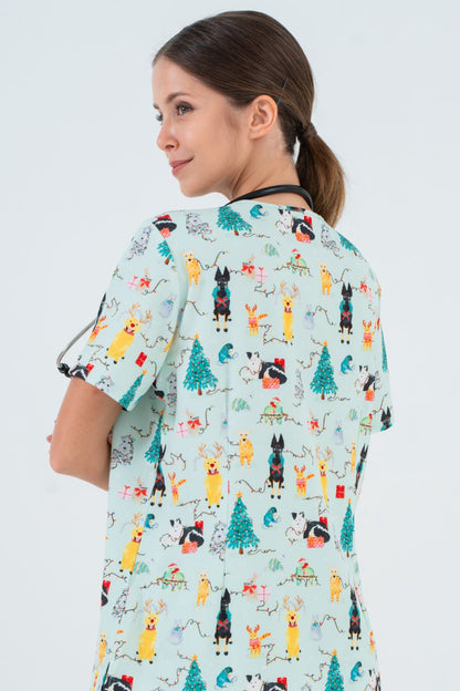Christmas Tails Women’s 3-Pocket Scrub Top