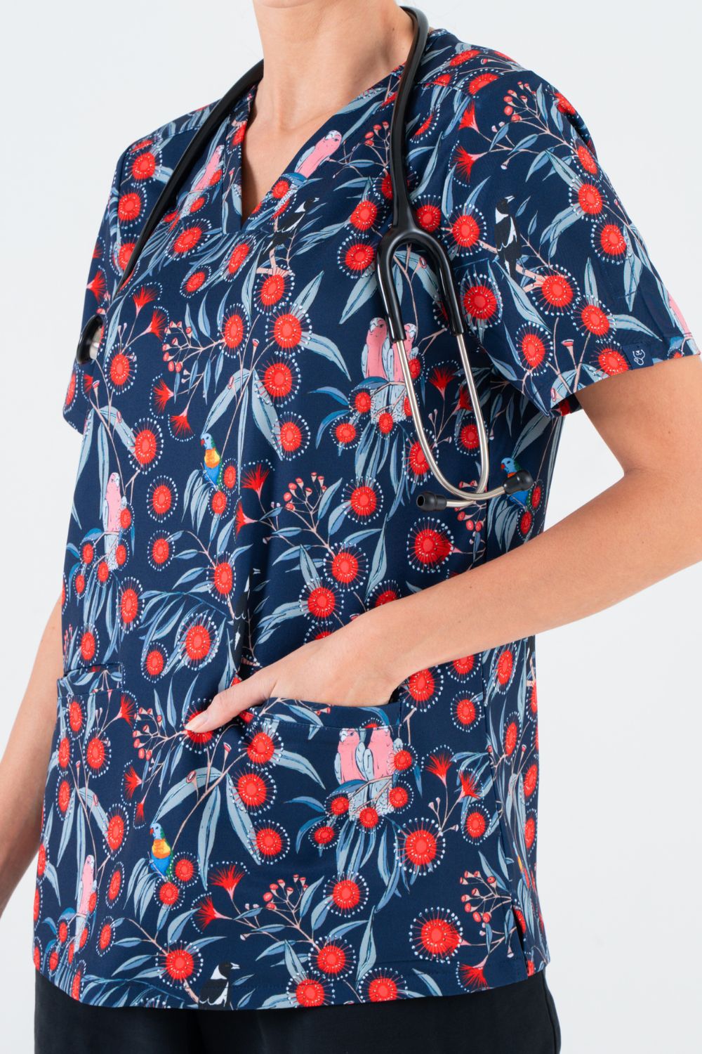 Red Flowering Gum Women’s 3-Pocket Scrub Top