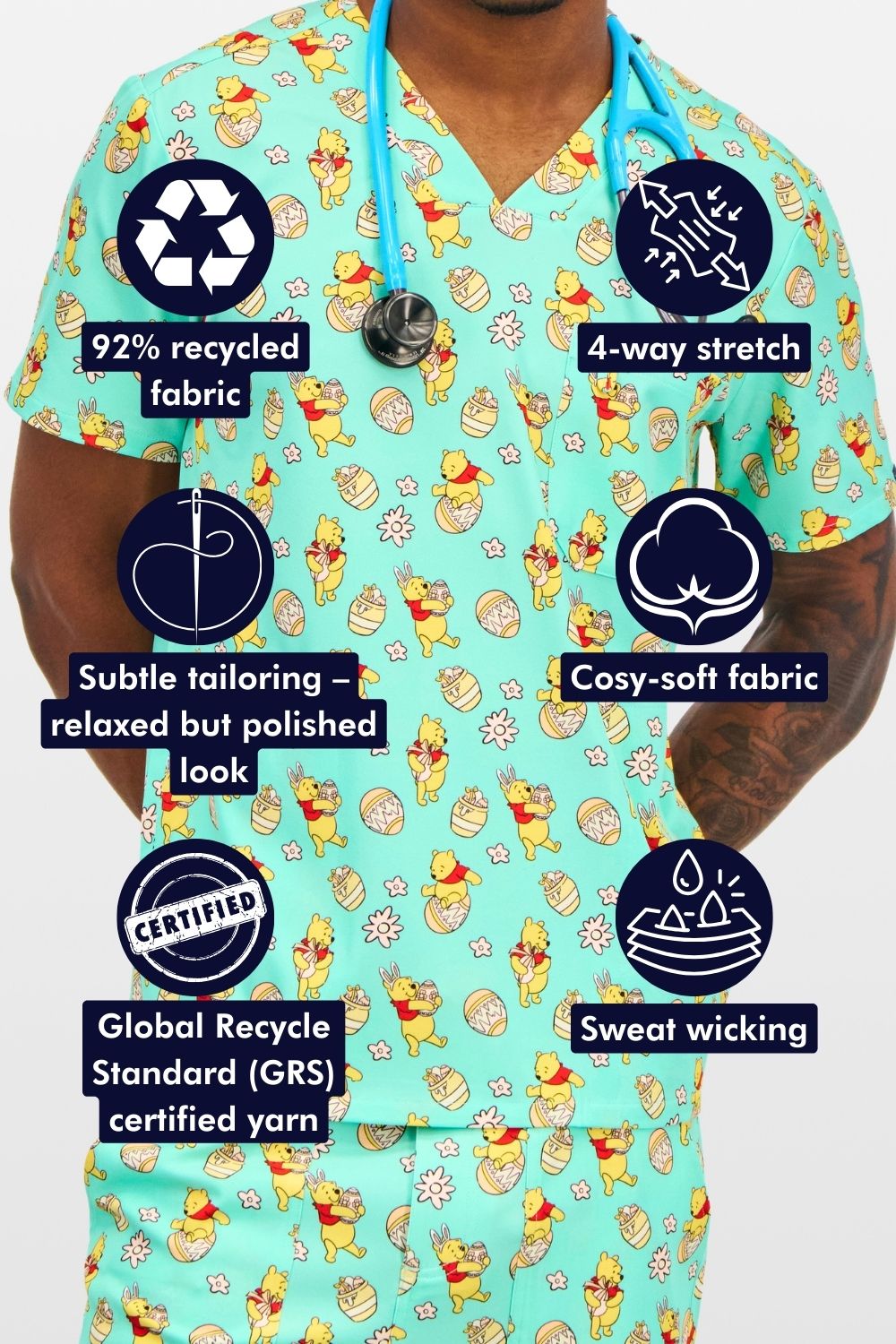 Disney’s Winnie the Pooh Men’s 3-Pocket Scrub Top, Easter Egg Hunt