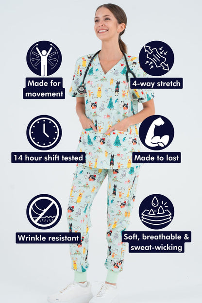 Christmas Tails Women’s 3-Pocket Scrub Top