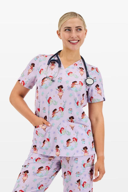 Disney Princess Women’s 3-Pocket Scrub Top, Ocean of Dreams