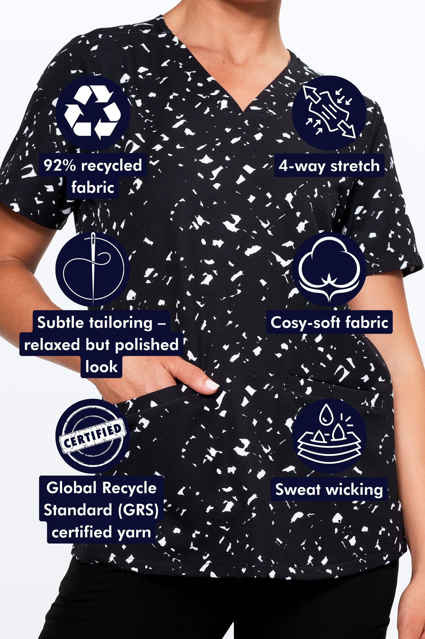 Black & White Confetti Women’s 3-Pocket Scrub Top