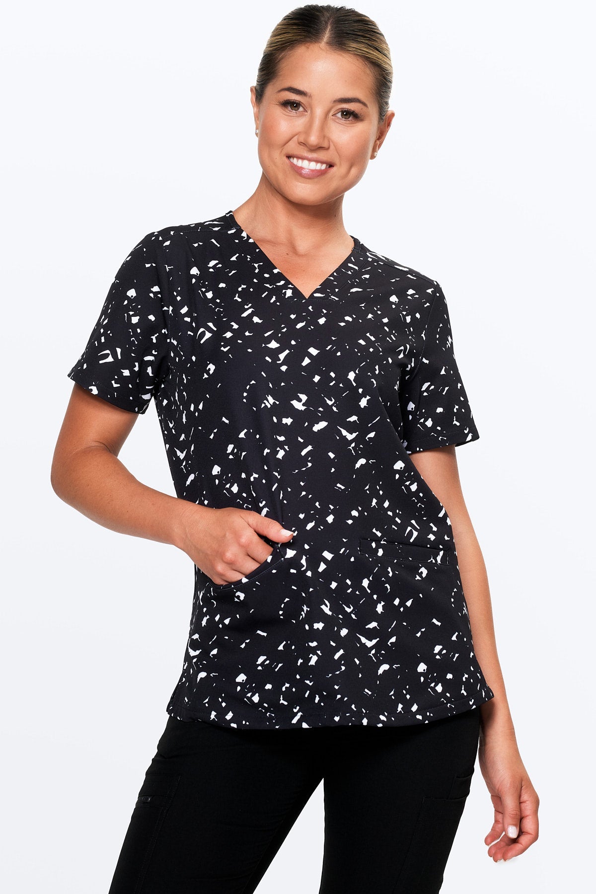 Black & White Confetti Women’s 3-Pocket Scrub Top