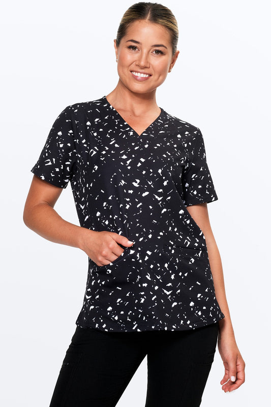 Black & White Confetti Women’s 3-Pocket Scrub Top