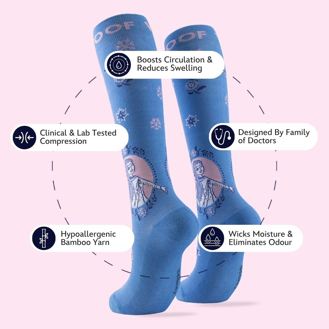 Infographic highlighting key features around cornflower blue Disney Frozen knee-high compression socks printed with Elsa and snowflake illustrations.