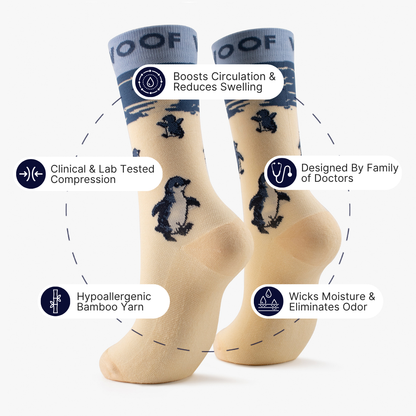Infographic highlighting key features around cream bamboo crew compression socks with penguin design.